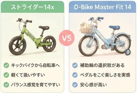 購入候補2台を比較｜ストライダー14xとD-Bike Master Fit 14
