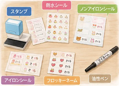 名前つけグッズ比較表|スタンプ・シール・アイロンの違い